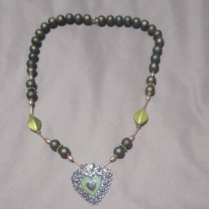 Green Heart Pendant Beaded Necklace
